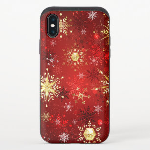 Christmas Golden Snowflakes on Red Background iPhone XS Slider Case