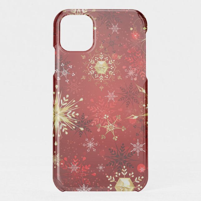 Christmas Golden Snowflakes on Red Background Uncommon iPhone Case (Back)