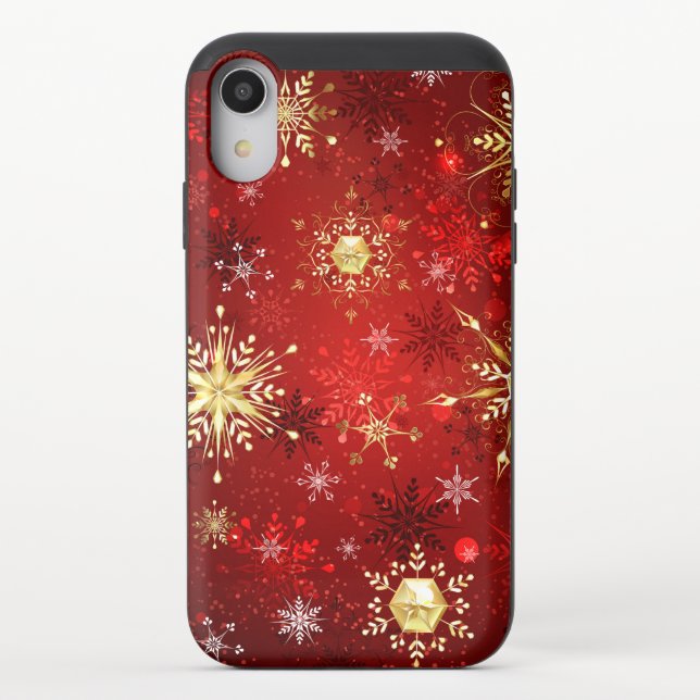 Christmas Golden Snowflakes on Red Background Uncommon iPhone Case (Back)