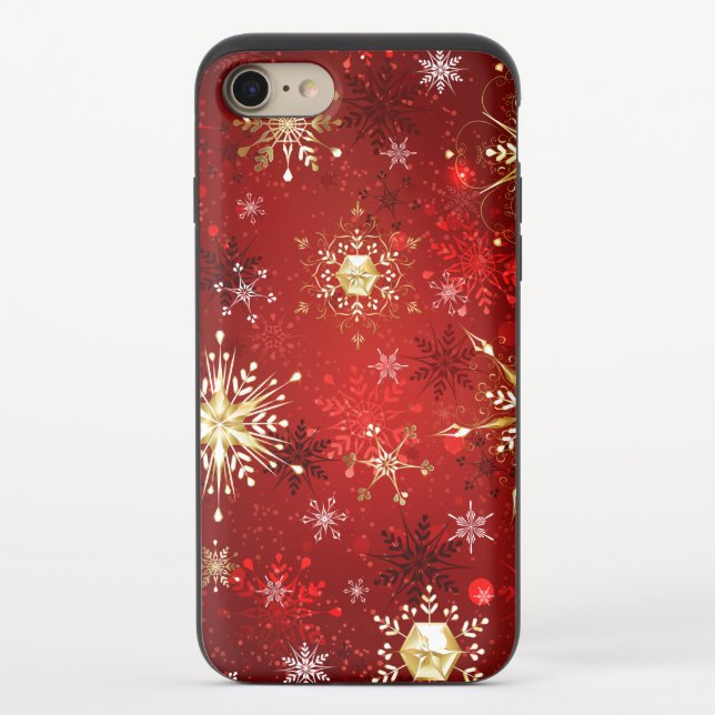 Christmas Golden Snowflakes on Red Background Uncommon iPhone Case (Back)