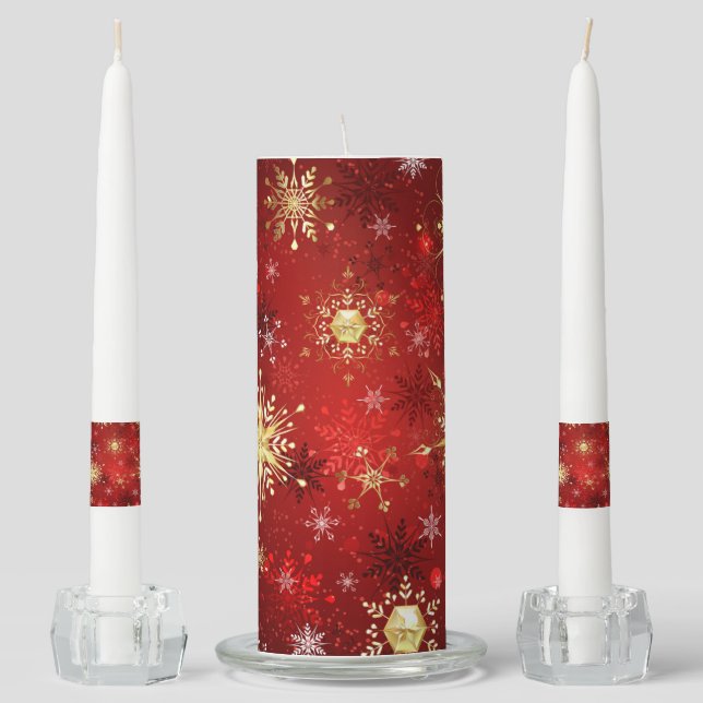 Christmas Golden Snowflakes on Red Background Unity Candle Set (Front)