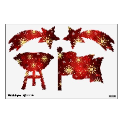 Christmas Golden Snowflakes on Red Background Wall Decal