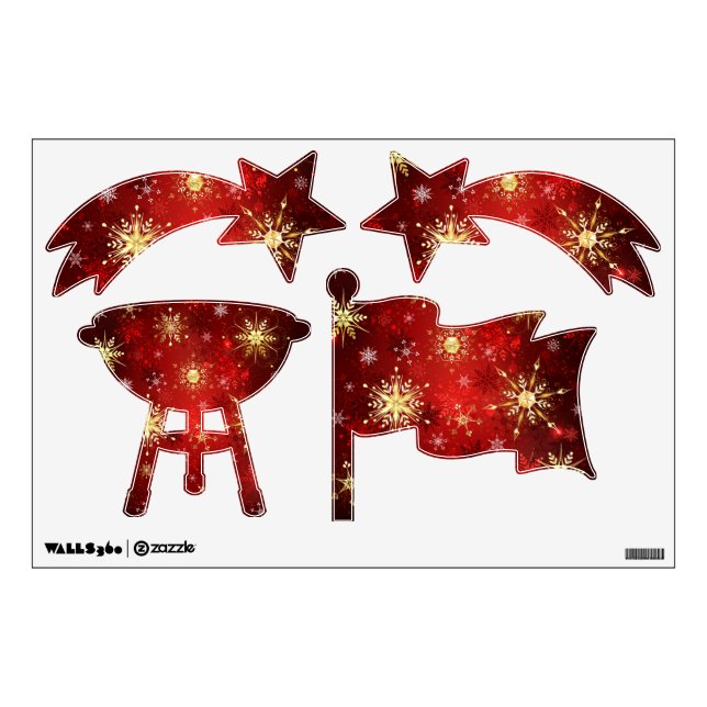 Christmas Golden Snowflakes on Red Background Wall Decal (Front)