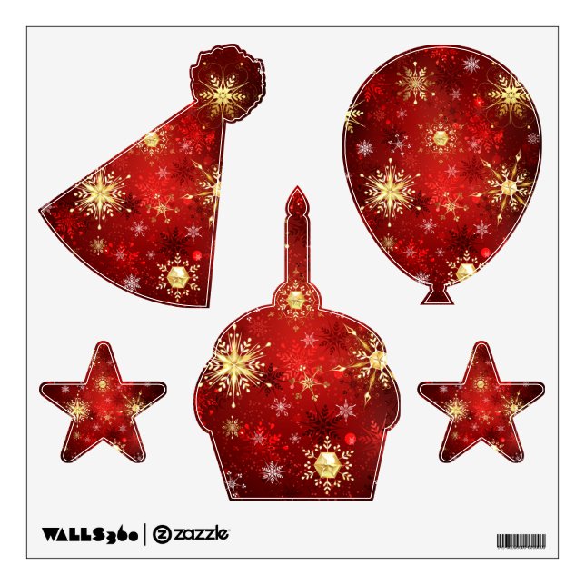 Christmas Golden Snowflakes on Red Background Wall Decal (Front)