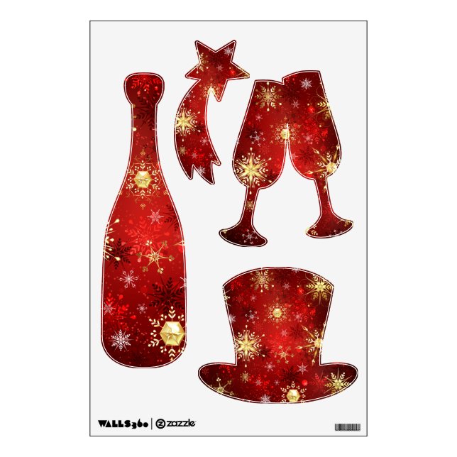 Christmas Golden Snowflakes on Red Background Wall Decal (Front)
