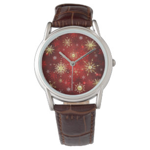 Christmas Golden Snowflakes on Red Background Watch