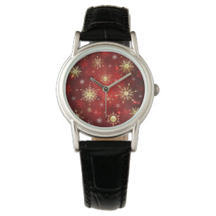 Christmas Golden Snowflakes on Red Background Watch