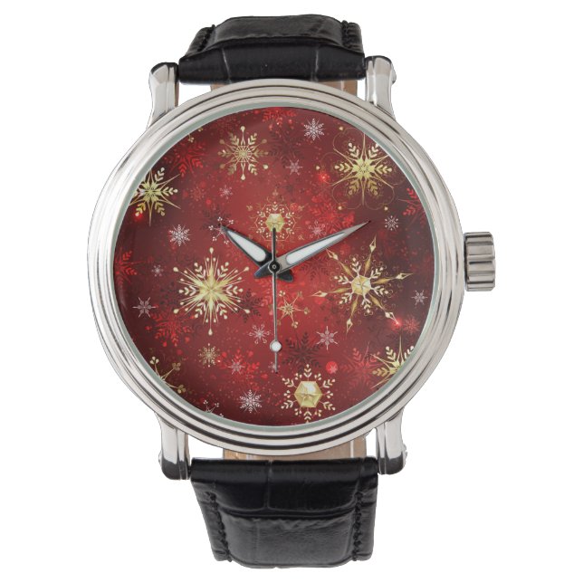 Christmas Golden Snowflakes on Red Background Watch (Front)