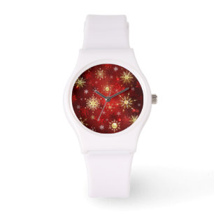 Christmas Golden Snowflakes on Red Background Watch
