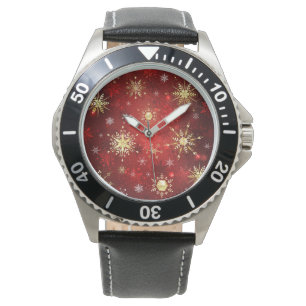 Christmas Golden Snowflakes on Red Background Watch