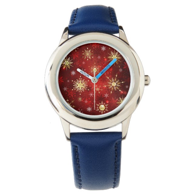 Christmas Golden Snowflakes on Red Background Watch (Front)