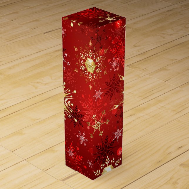 Christmas Golden Snowflakes on Red Background Wine Box (Front)
