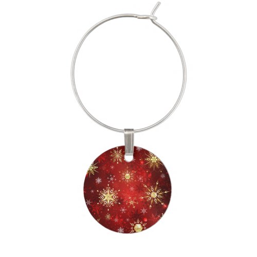 Christmas Golden Snowflakes on Red Background Wine Charm