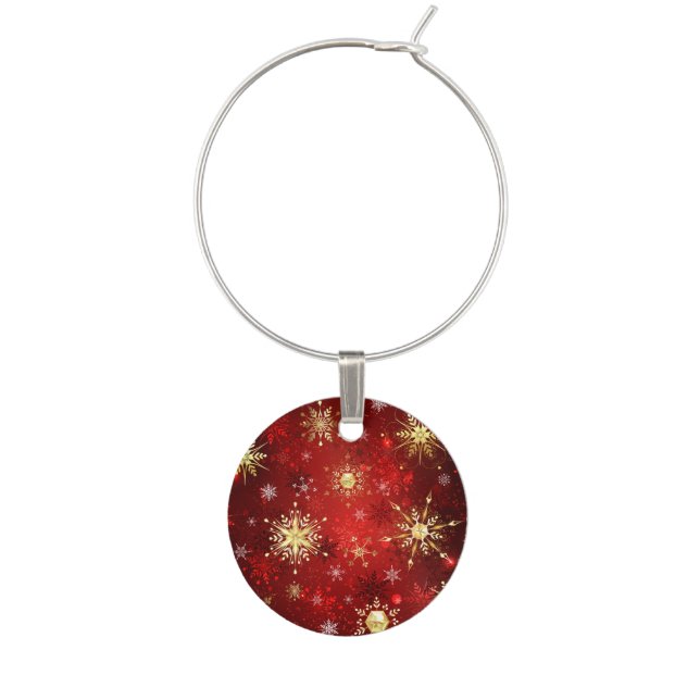 Christmas Golden Snowflakes on Red Background Wine Charm (Front)