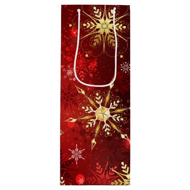 Christmas Golden Snowflakes on Red Background Wine Gift Bag (Front)