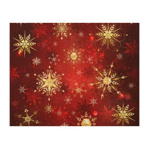 Christmas Golden Snowflakes on Red Background Wood Wall Art