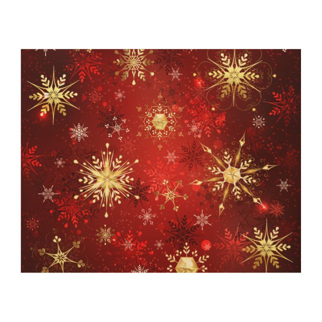Christmas Golden Snowflakes on Red Background Wood Wall Art (Front)