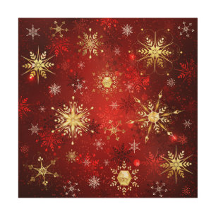 Christmas Golden Snowflakes on Red Background Wood Wall Art