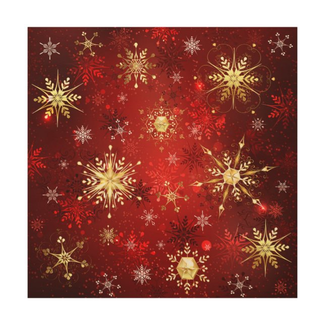 Christmas Golden Snowflakes on Red Background Wood Wall Art (Front)