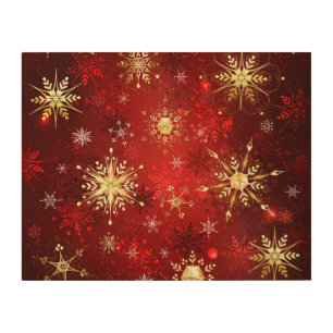 Christmas Golden Snowflakes on Red Background Wood Wall Art