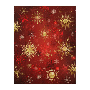 Christmas Golden Snowflakes on Red Background Wood Wall Art