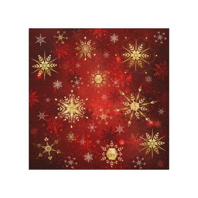 Christmas Golden Snowflakes on Red Background Wood Wall Art (Front)
