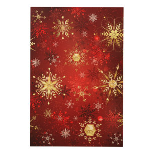 Christmas Golden Snowflakes on Red Background Wood Wall Art