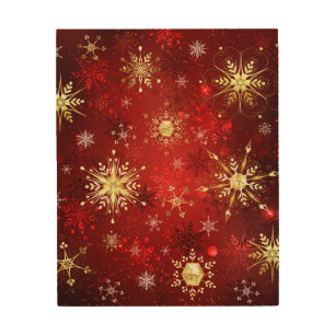 Christmas Golden Snowflakes on Red Background Wood Wall Art