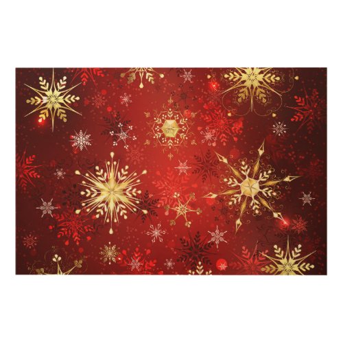 Christmas Golden Snowflakes on Red Background Wood Wall Art