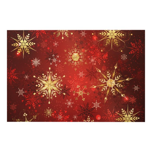 Christmas Golden Snowflakes on Red Background Wood Wall Art (Front)