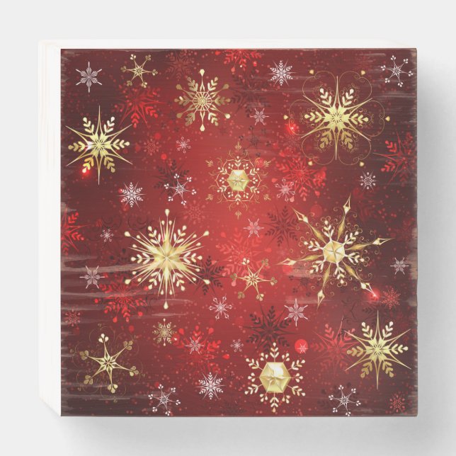 Christmas Golden Snowflakes on Red Background Wooden Box Sign (Front Horizontal)