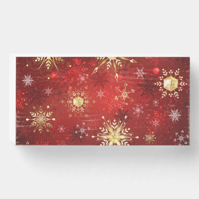 Christmas Golden Snowflakes on Red Background Wooden Box Sign (Front Horizontal)