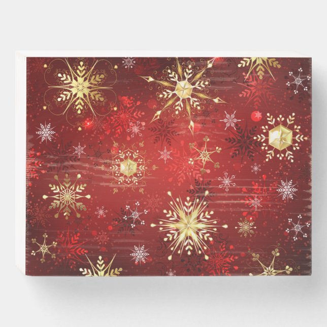 Christmas Golden Snowflakes on Red Background Wooden Box Sign (Front Horizontal)