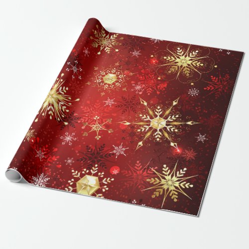 Christmas Golden Snowflakes on Red Background Wrapping Paper