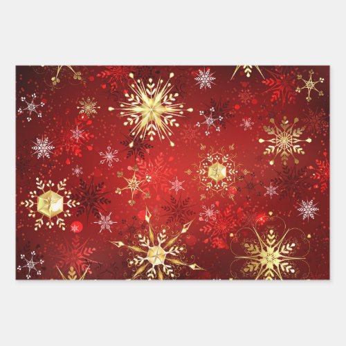 Christmas Golden Snowflakes on Red Background Wrapping Paper Sheets