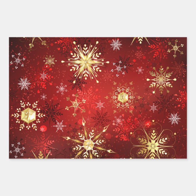 Christmas Golden Snowflakes on Red Background Wrapping Paper Sheets (Front)