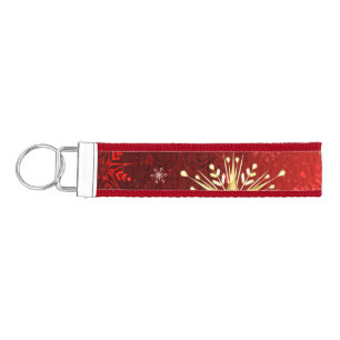 Christmas Golden Snowflakes on Red Background Wrist Keychain