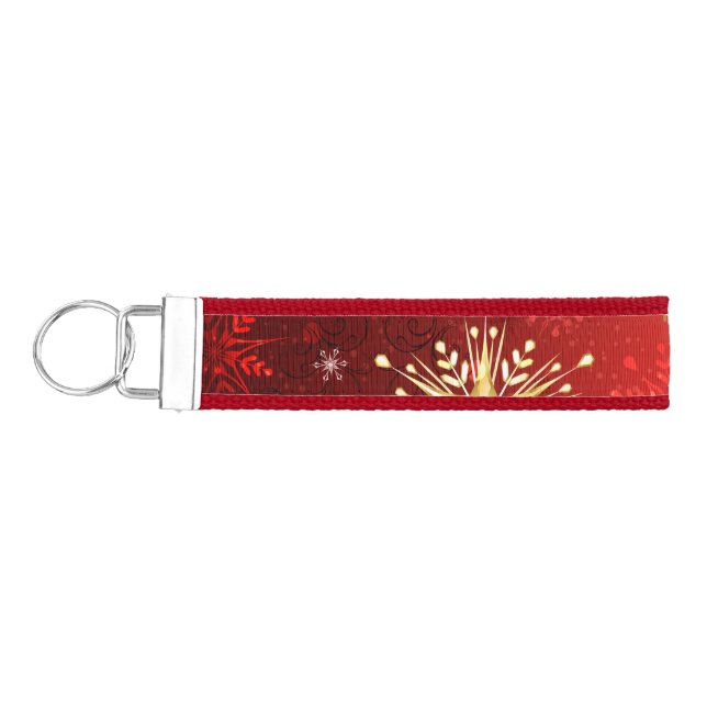 Christmas Golden Snowflakes on Red Background Wrist Keychain (Keys on Left)