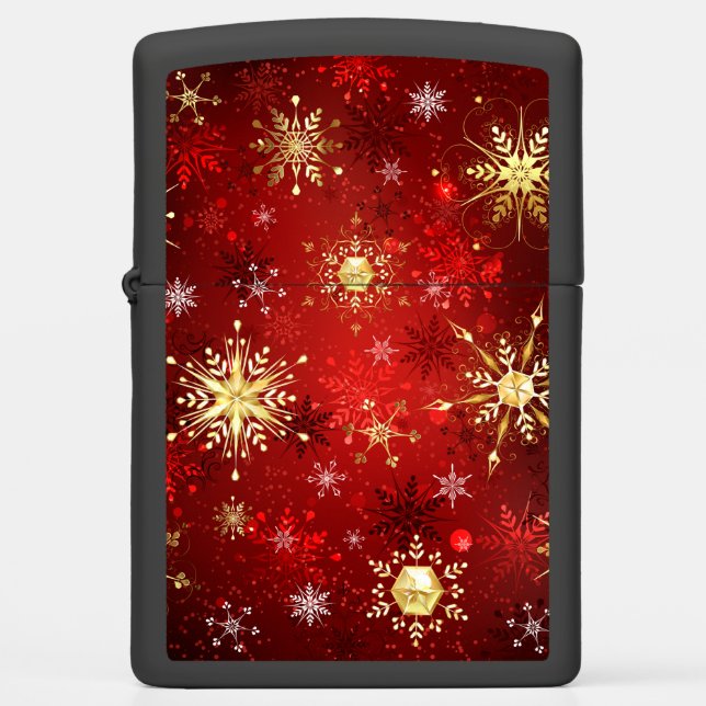 Christmas Golden Snowflakes on Red Background Zippo Lighter (Front)