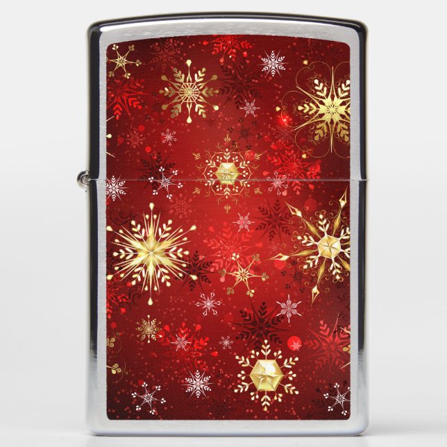 Christmas Golden Snowflakes on Red Background Zippo Lighter (Front)
