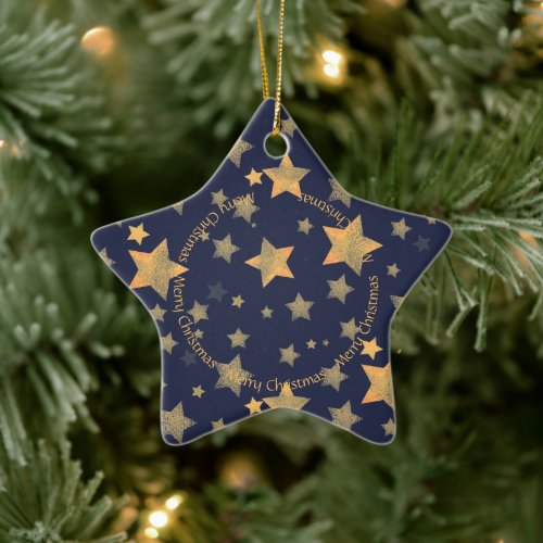 Christmas Golden Stars Navy Blue Classic Elegant Ceramic Ornament