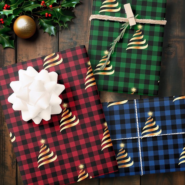 Christmas Golden Tree Buffalo Plaid Red Green Blue Wrapping Paper Sheets (Christmas Golden Tree Buffalo Plaid Red Green Blue Wrapping Paper Sheets)