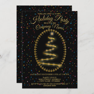 Christmas Golden Tree Colorful Glitter Black Party Invitation