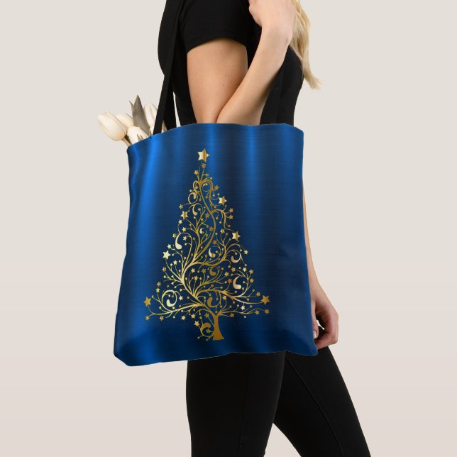 Christmas Golden Tree Navy Blue Tote Bag (Close Up)