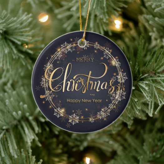 Christmas Golden Typography White Snowflakes Blue