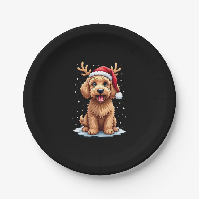 Christmas Goldendoodle Dog Reindeer Holiday Doodle Paper Plates (Front)