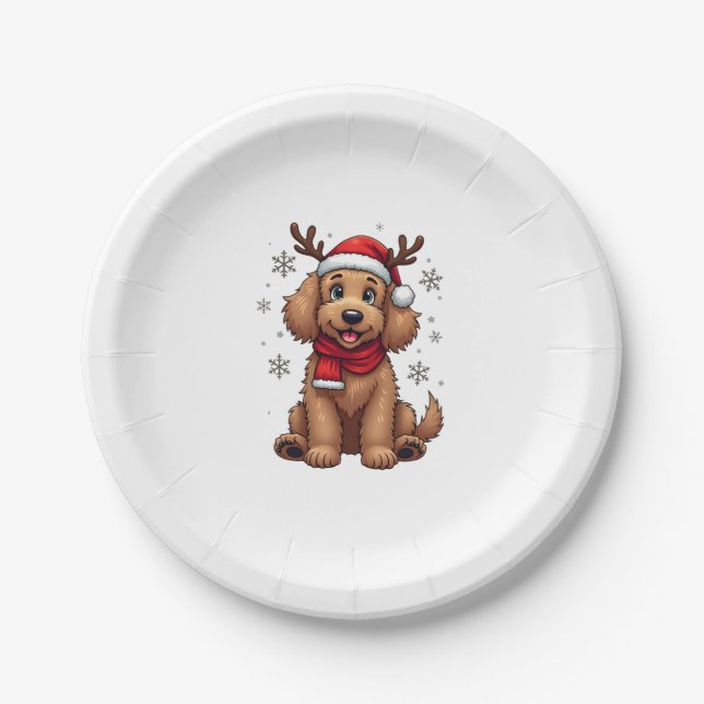 Christmas Goldendoodle Dog Reindeer Holiday Doodle Paper Plates (Front)