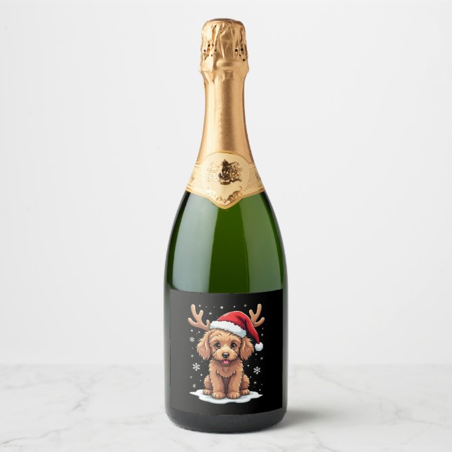 Christmas Goldendoodle Dog Reindeer Holiday Doodle Sparkling Wine Label (Front)