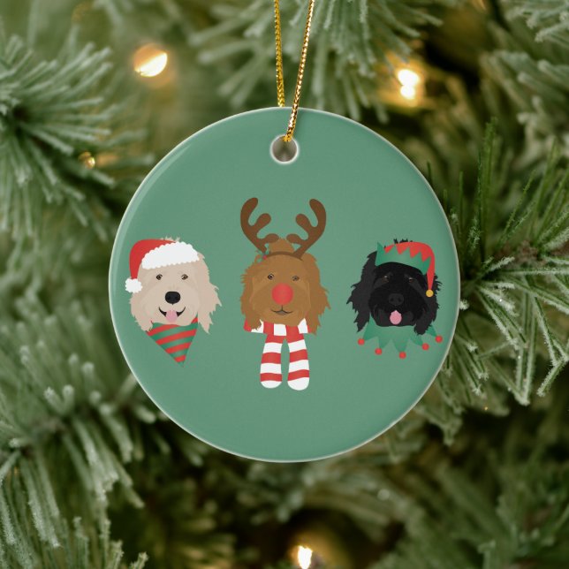 Christmas Goldendoodle Dogs Ceramic Ornament (Tree)