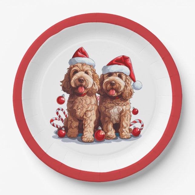 Christmas Goldendoodle Dogs Paper Plates (Front)